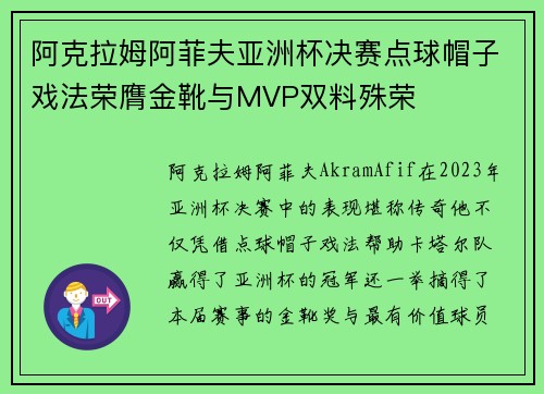 阿克拉姆阿菲夫亚洲杯决赛点球帽子戏法荣膺金靴与MVP双料殊荣 阿克拉姆阿菲夫亚洲杯决赛点球帽子戏法荣膺金靴与MVP双料殊荣